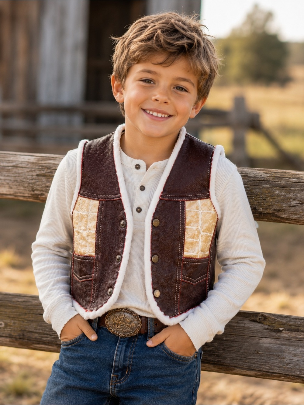 Vintage Kids Cowboy Leather Shearling Vest Western Croc Embossed Brown Rodeo Mex